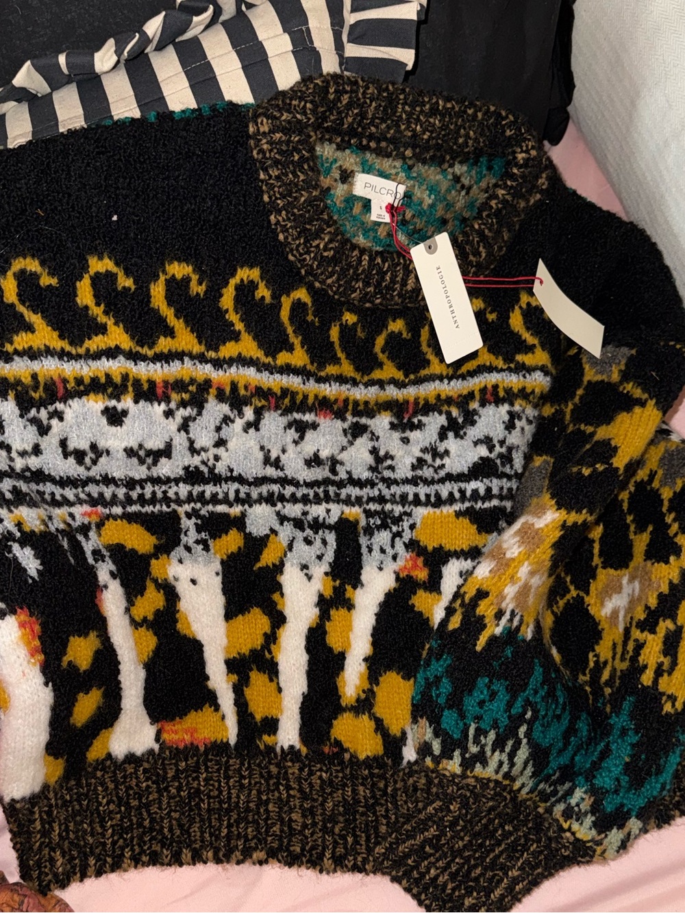 Anthropologie Black, Yellow & Teal Mixed-Print Crewneck Sweater